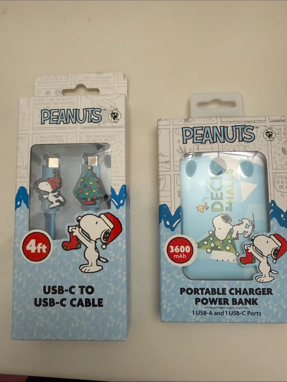Peanuts Light Blue Power Bank charger & USB-C to USB-C Cable Set with Snoopy Art